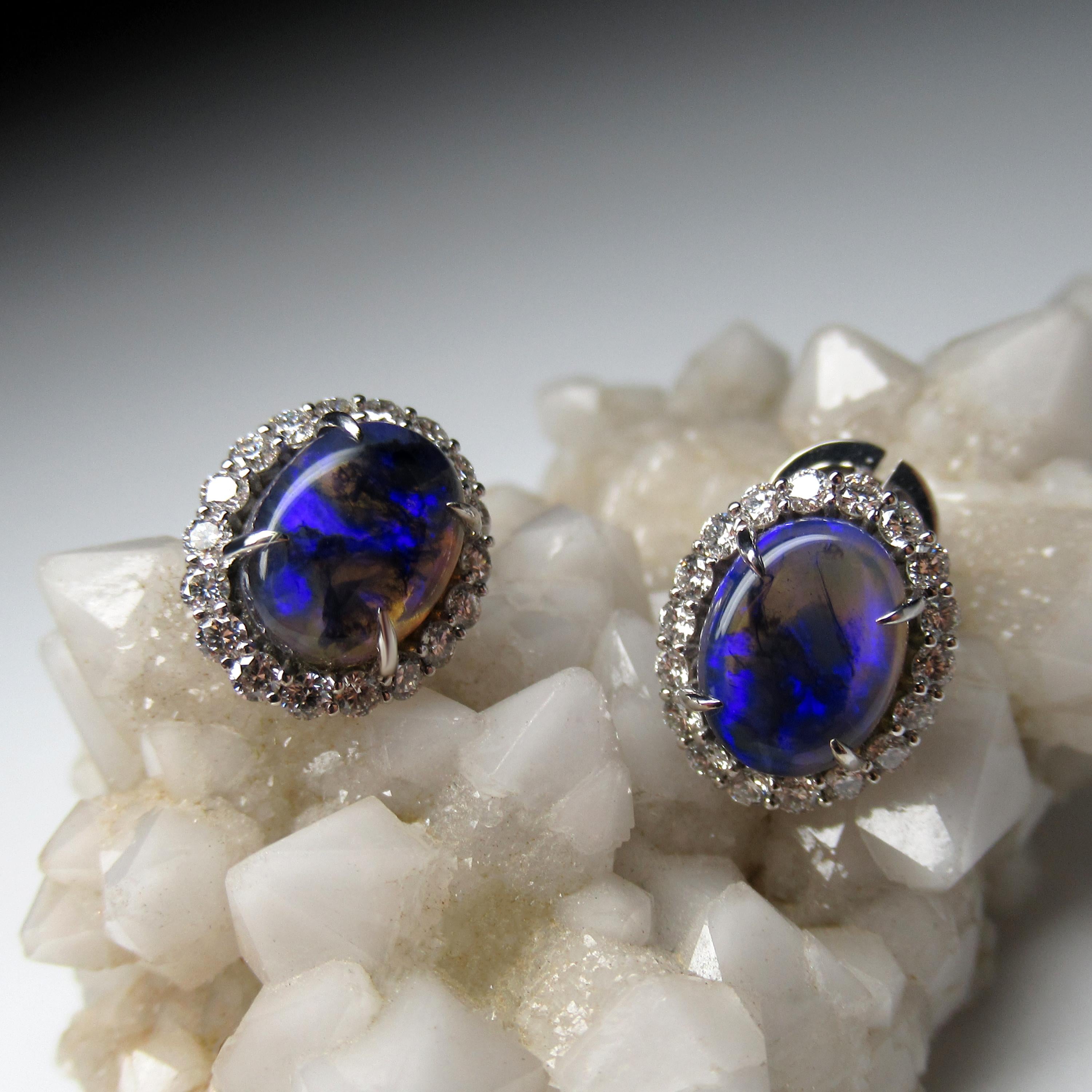 Boucles d'oreilles or blanc diamant opale noire Diamants Unisexe Classic en vente 2