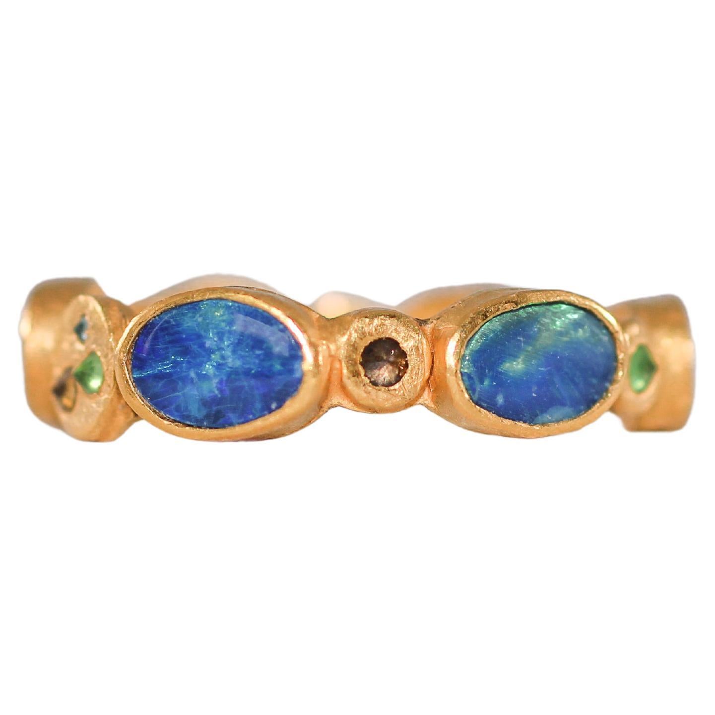 Black Opal Diamonds and Sapphires 22 Karat Gold Band Fashion Ring