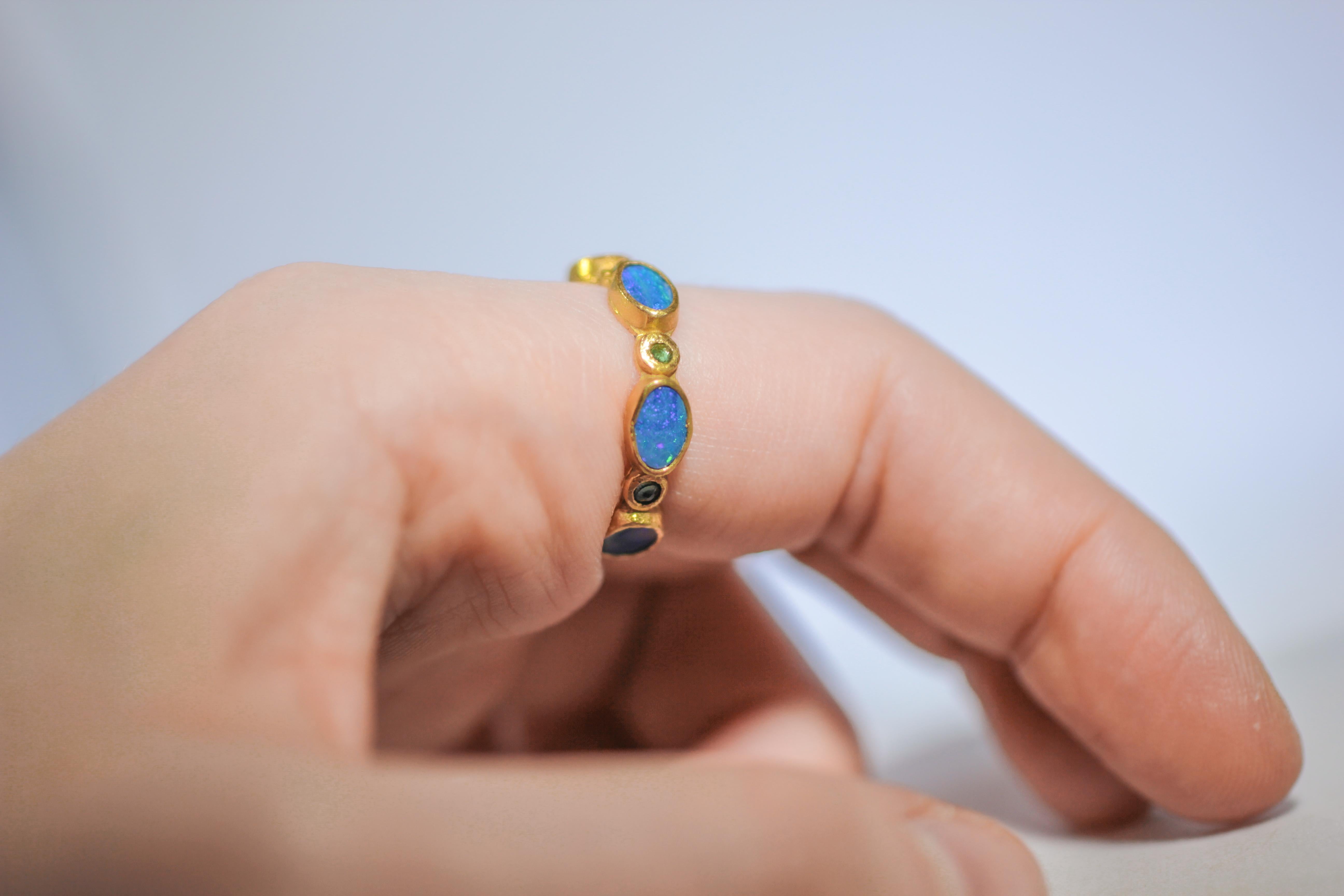 Black Opal Diamonds and Sapphires 22 Karat Gold Band Fashion Ring For Sale 5