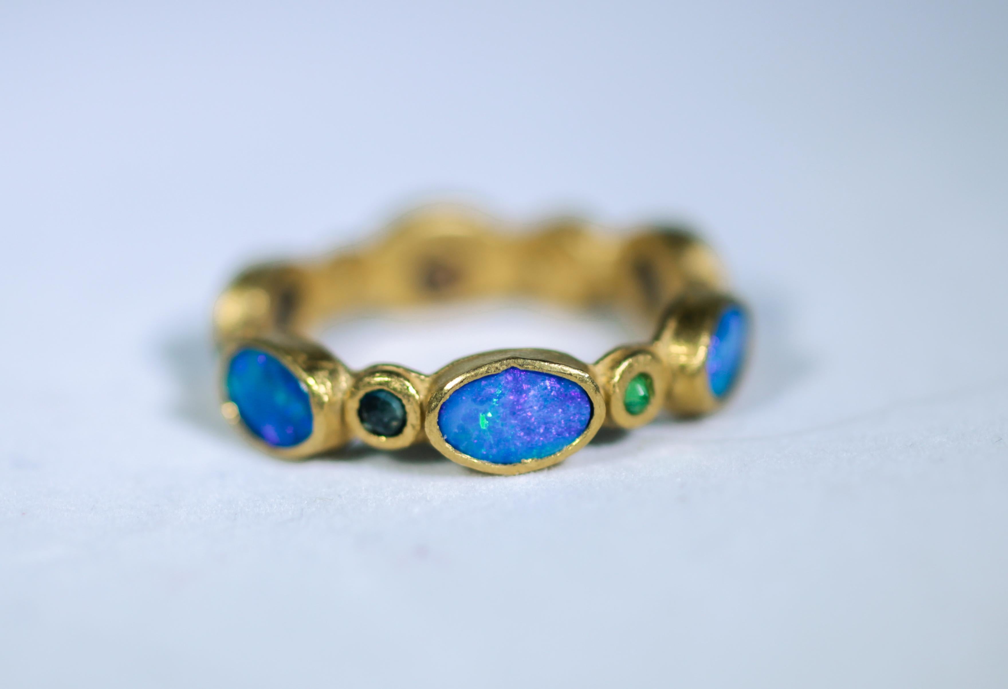 Oval Cut Black Opal Diamonds and Sapphires 22 Karat Gold Band Fashion Ring For Sale