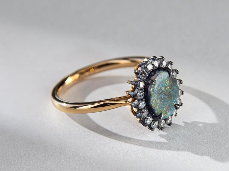 Black Opal Diamonds Gold Silver Ring Antique Style Unisex Engagement For Sale 7