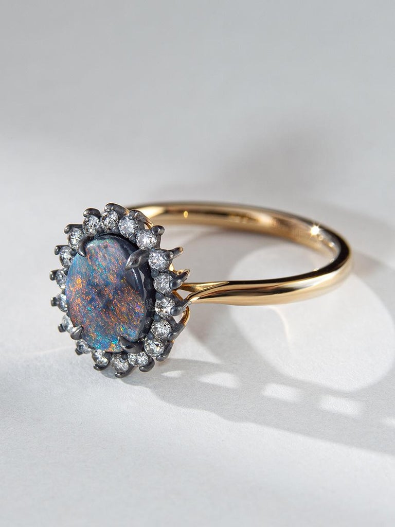 Black Opal Diamonds Gold Silver Ring Antique Style Unisex Engagement For Sale 8