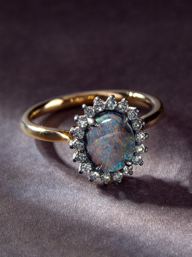 Black Opal Diamonds Gold Silver Ring Antique Style Unisex Engagement For Sale 3