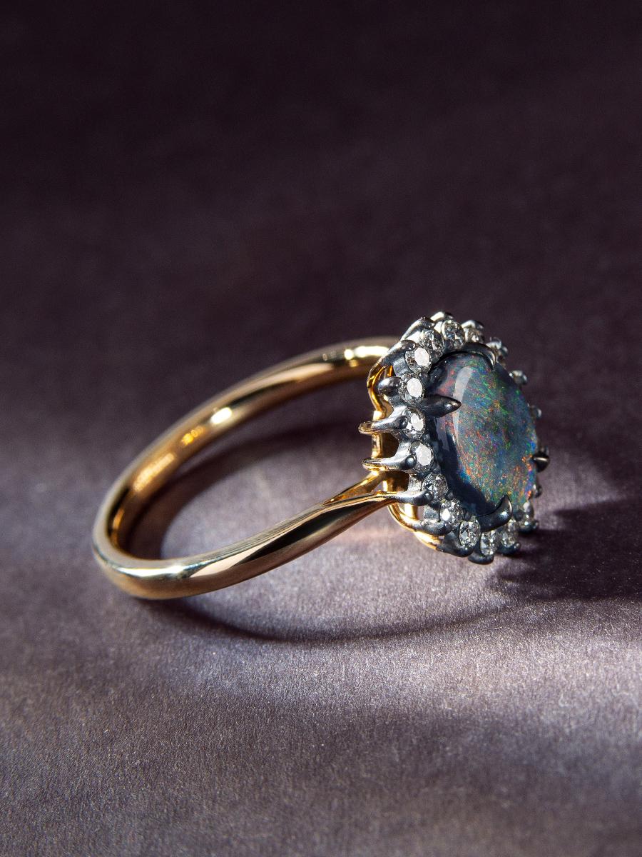 Black Opal Diamonds Gold Silver Ring Antique Style Unisex Engagement For Sale 1