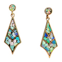 Black Opal Earrings Mid-Century Modern 14 Karat Gold Eames Era Retro