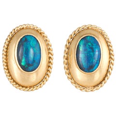 Black Opal Earrings Vintage 14 Karat Yellow Gold Oval Studs Estate Fine Jewelry