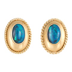 Black Opal Earrings Vintage 14 Karat Yellow Gold Oval Studs Estate Fine Jewelry