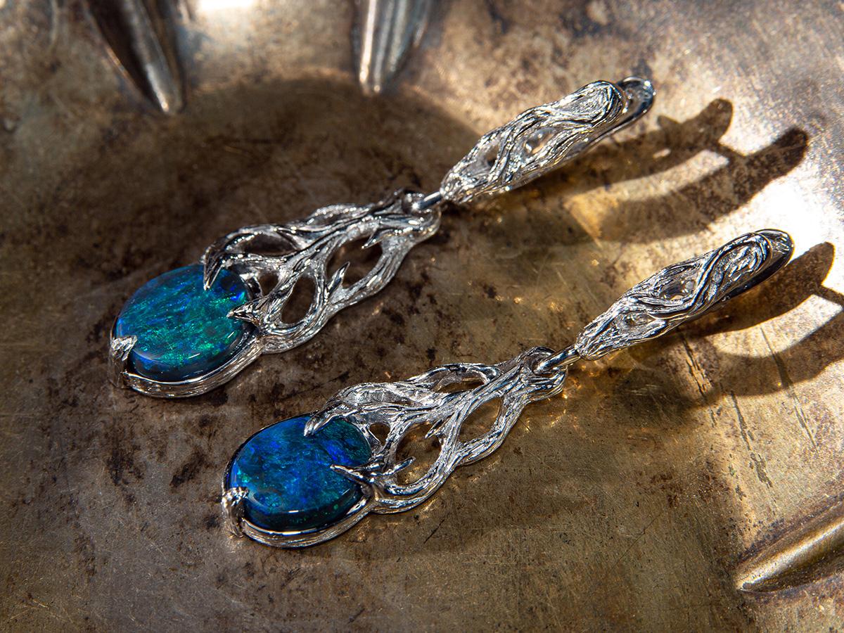 Boucles d'oreilles Opale noire or blanc Bleu fluo Personne spéciale cadeau de mariage bijoux en vente 6
