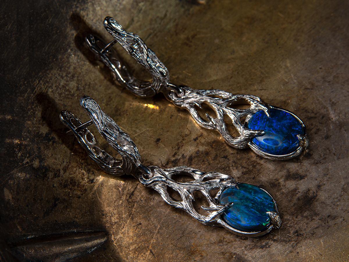 Boucles d'oreilles Opale noire or blanc Bleu fluo Personne spéciale cadeau de mariage bijoux en vente 8