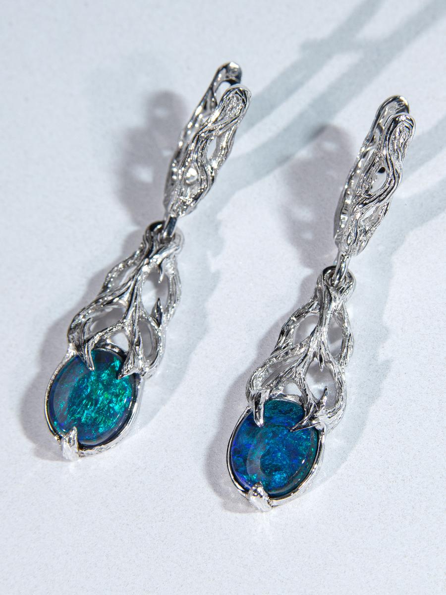 Boucles d'oreilles Opale noire or blanc Bleu fluo Personne spéciale cadeau de mariage bijoux en vente 12
