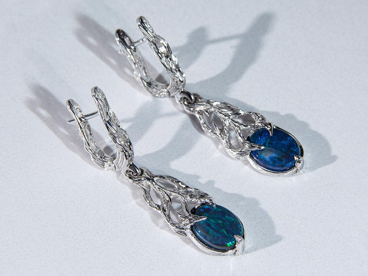 Boucles d'oreilles Opale noire or blanc Bleu fluo Personne spéciale cadeau de mariage bijoux en vente 13