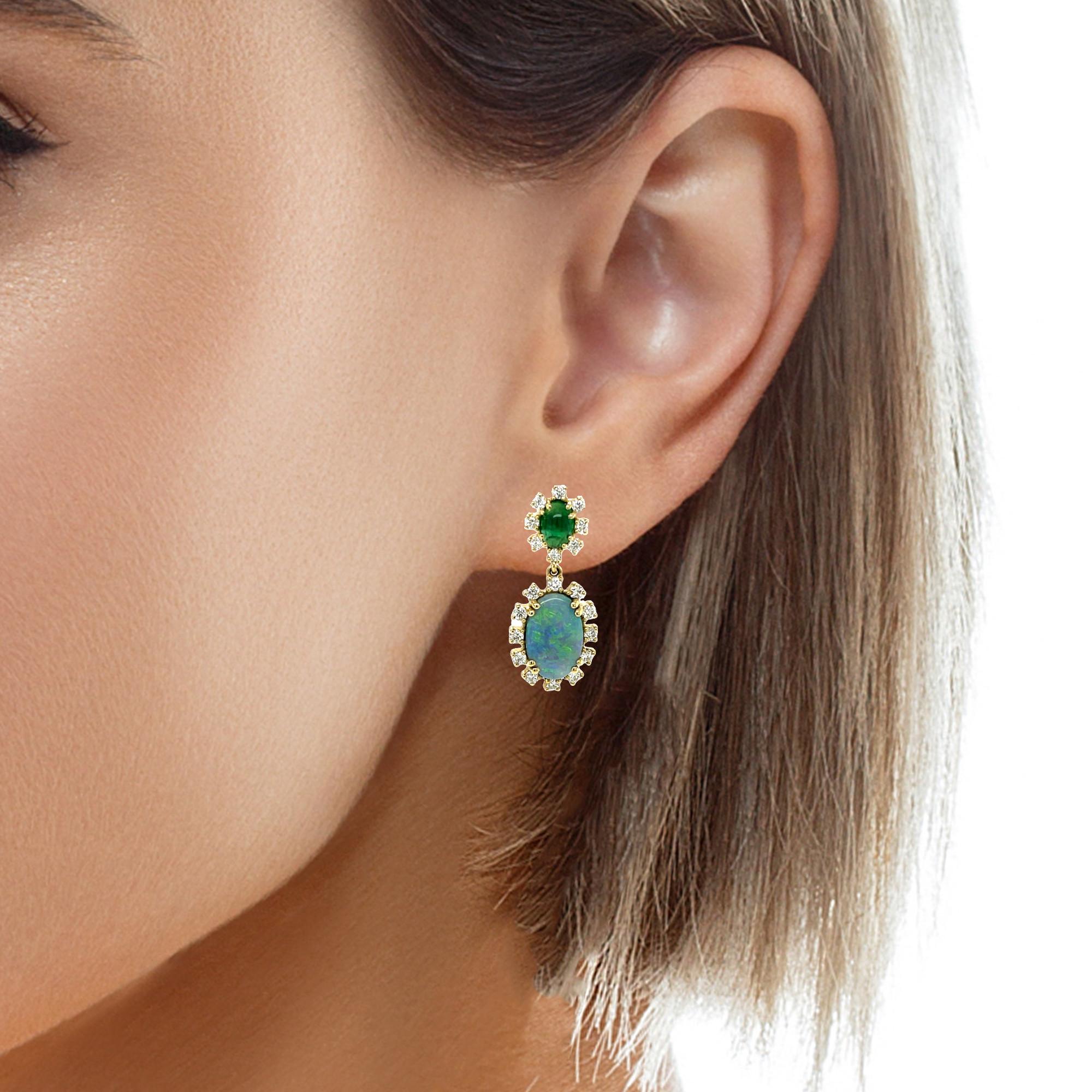 Black Opal, Emerald Cabochon and Diamond Dangle Drop  Yellow Gold Post Earrings  4