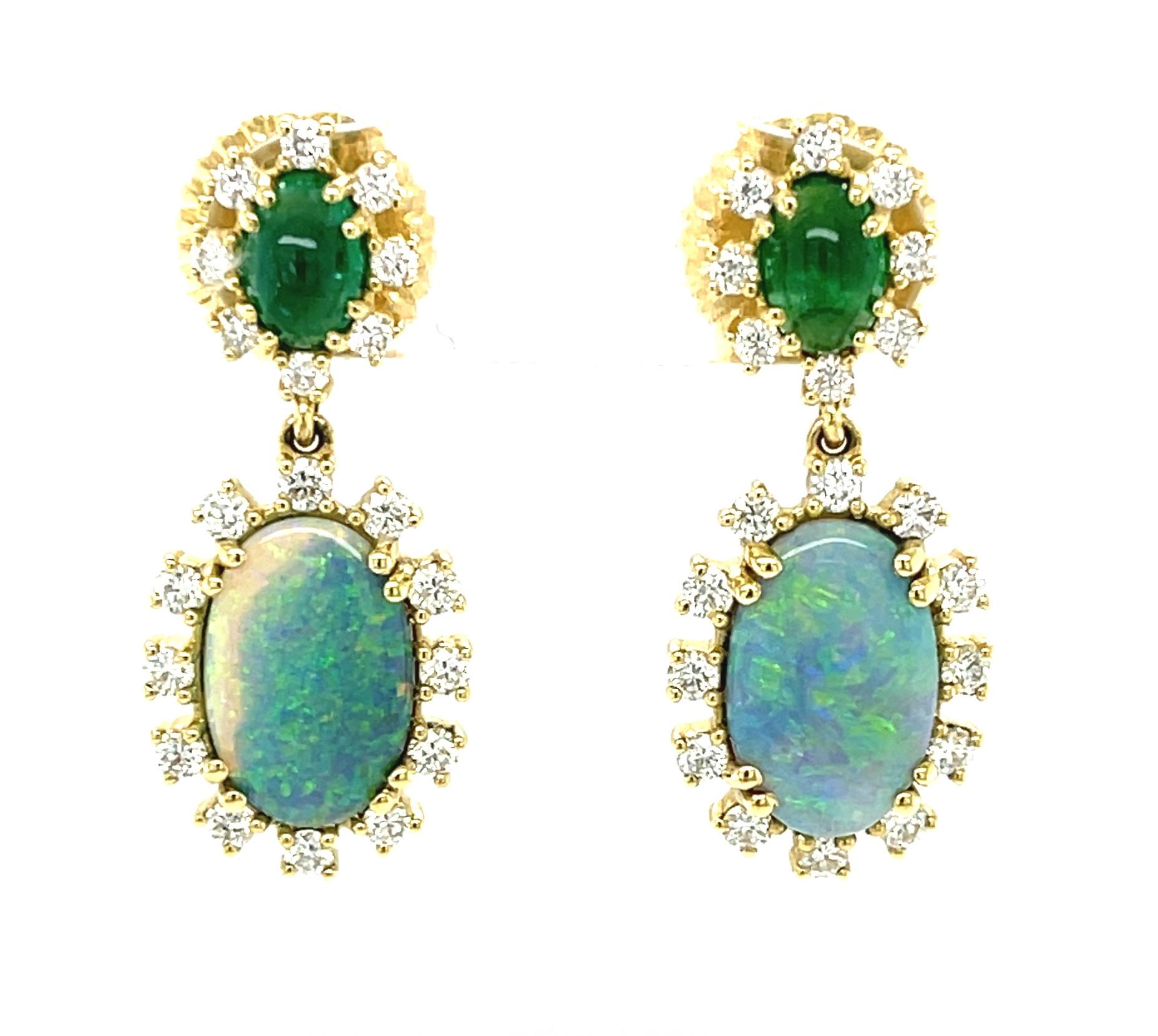 Artisan Black Opal, Emerald Cabochon and Diamond Dangle Drop  Yellow Gold Post Earrings 