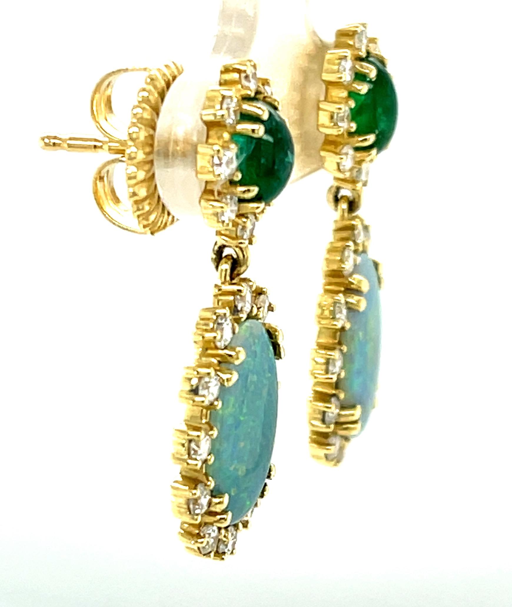 Black Opal, Emerald Cabochon and Diamond Dangle Drop  Yellow Gold Post Earrings  In New Condition In Los Angeles, CA