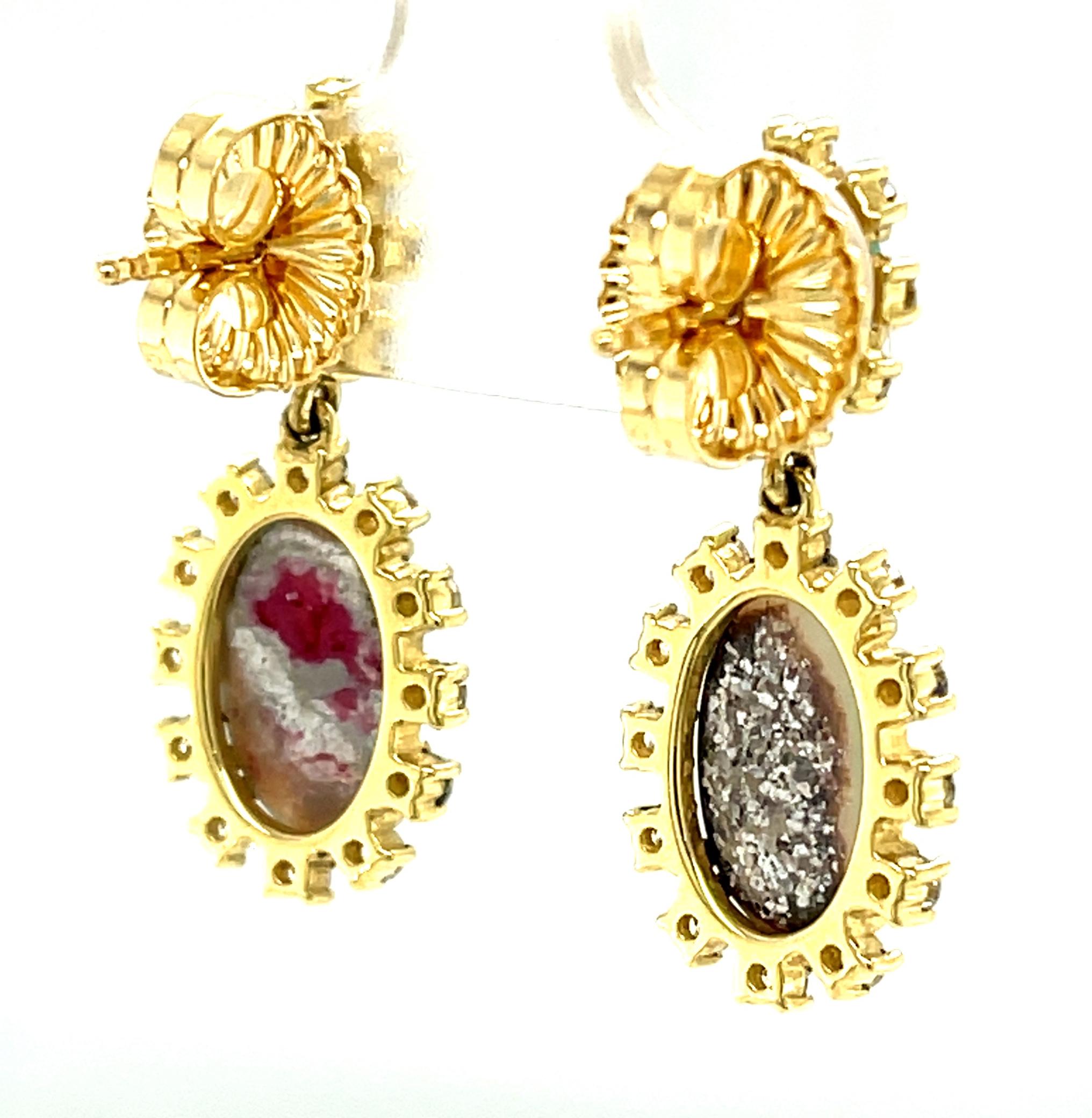 Women's Black Opal, Emerald Cabochon and Diamond Dangle Drop  Yellow Gold Post Earrings 