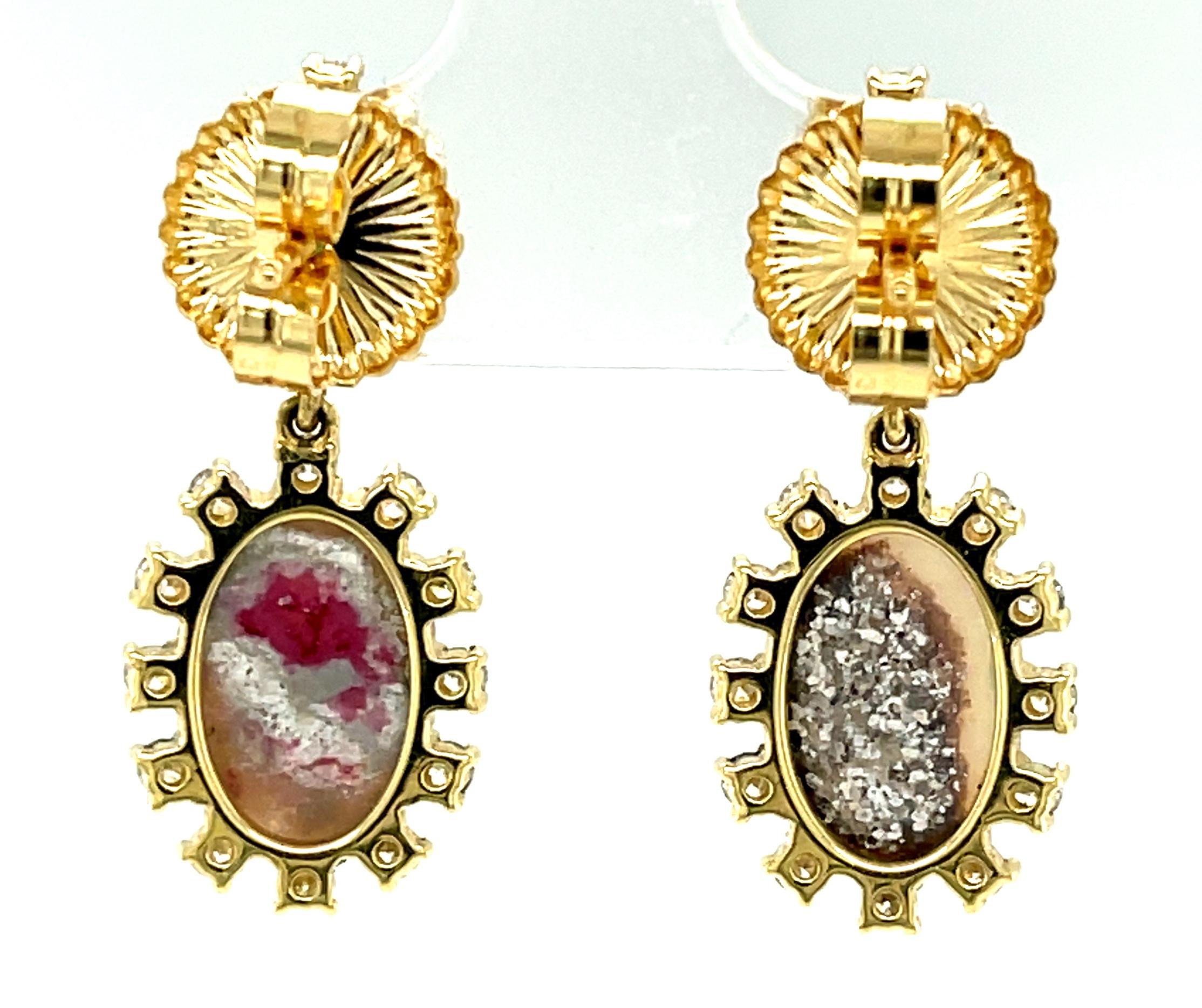 Black Opal, Emerald Cabochon and Diamond Dangle Drop  Yellow Gold Post Earrings  1