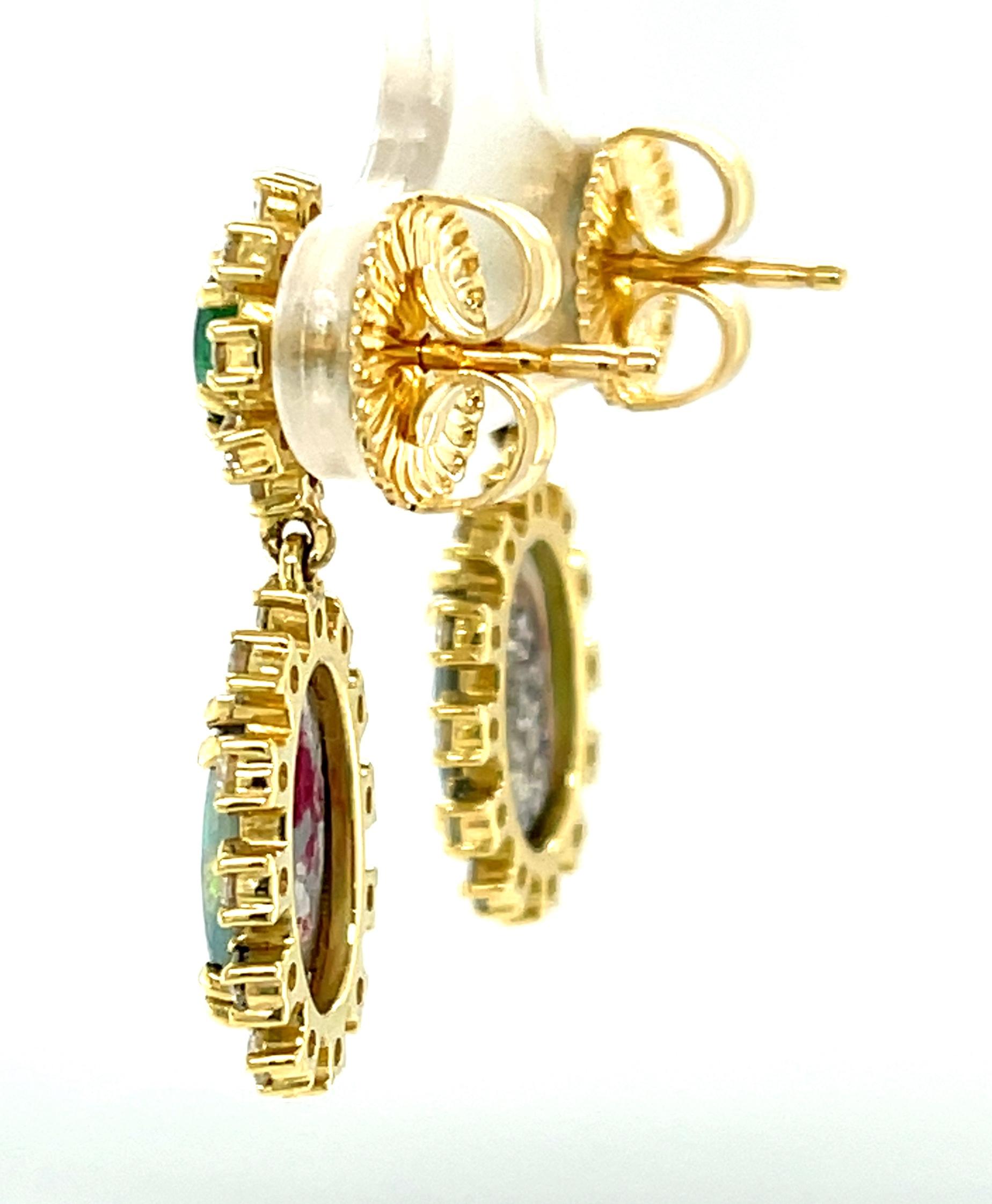 Black Opal, Emerald Cabochon and Diamond Dangle Drop  Yellow Gold Post Earrings  2
