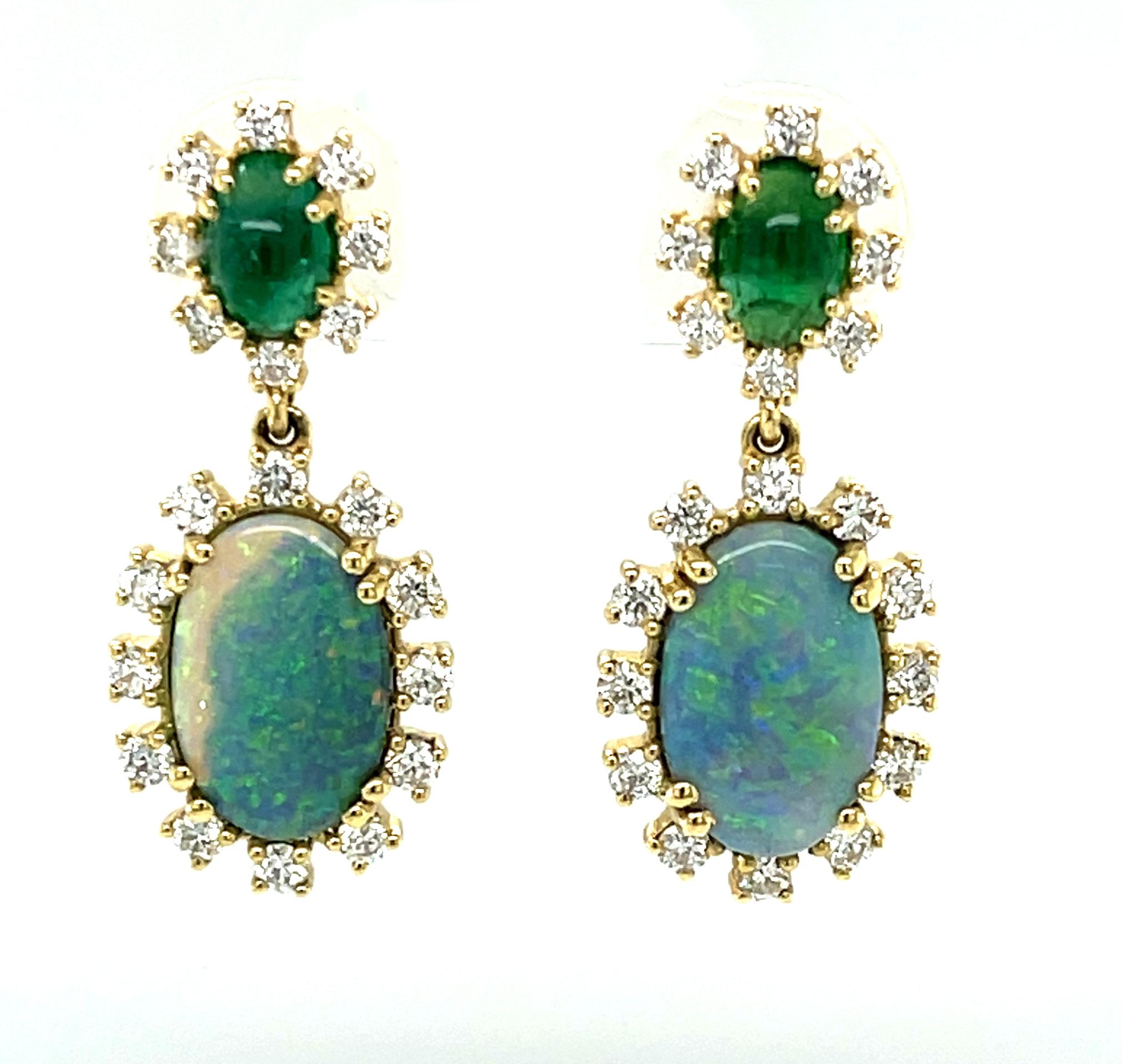 Black Opal, Emerald Cabochon and Diamond Dangle Drop  Yellow Gold Post Earrings  3