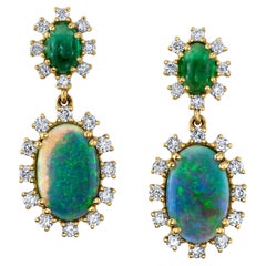 Black Opal, Emerald Cabochon and Diamond Dangle Drop  Yellow Gold Post Earrings 
