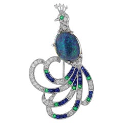 Black Opal Emerald Sapphire and Diamond Art Deco Style Bird Brooch in 18K Gold