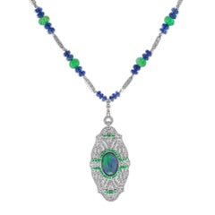 Black Opal & Emerald Sapphire and Diamond Art Deco Style White Gold Necklace
