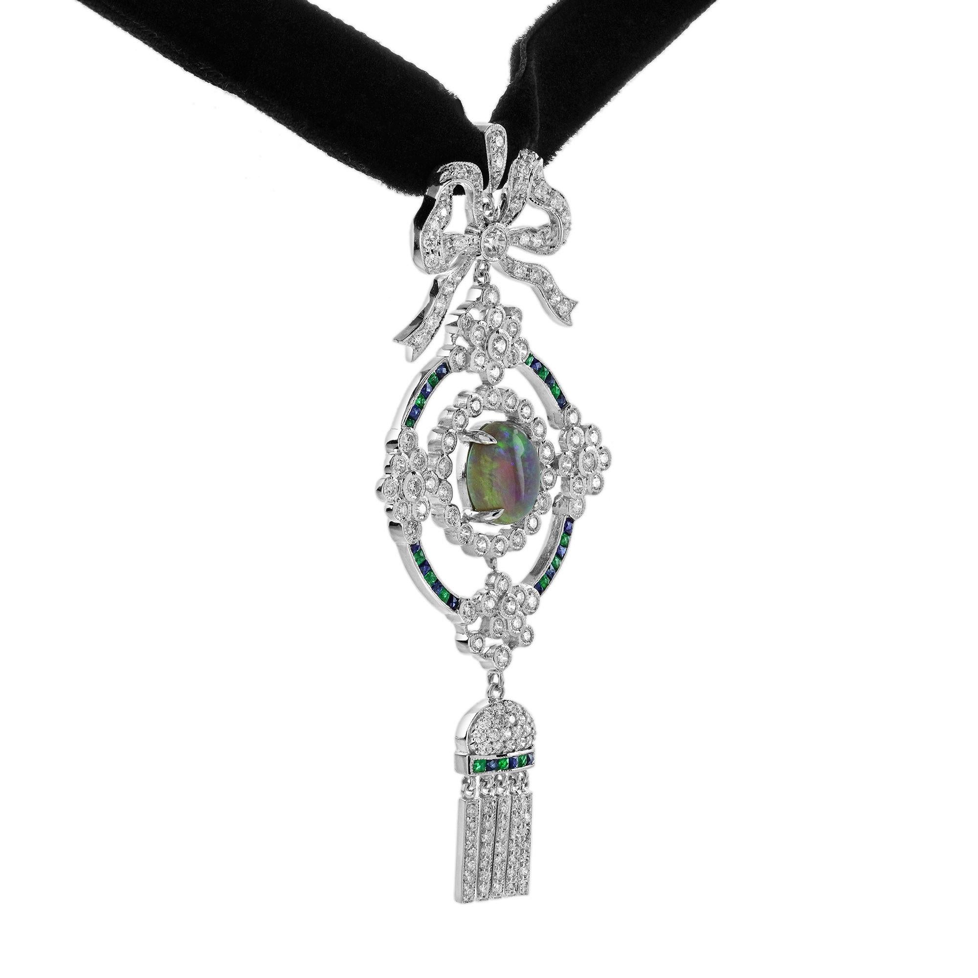 A captivating oval-shaped Black Opal at its center, radiating an iridescent play of color. The opal is elegantly encircled by a halo of brilliant-cut diamonds, enhancing its depth and allure.
Above the central stone, a graceful bow motif adorned