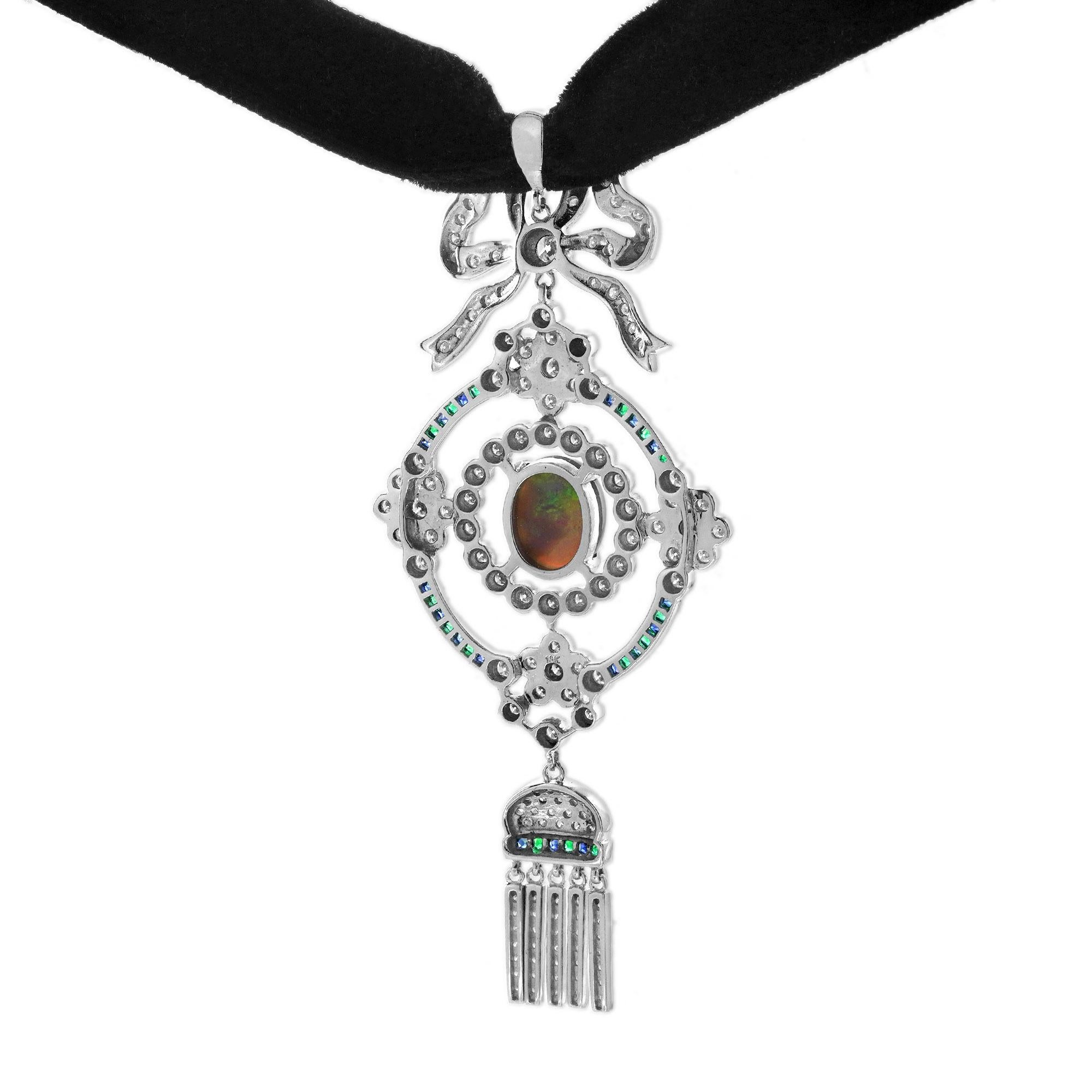 Art Deco Black Opal Emerald Sapphire Diamond Antique Style Choker Necklace in 18K Gold For Sale