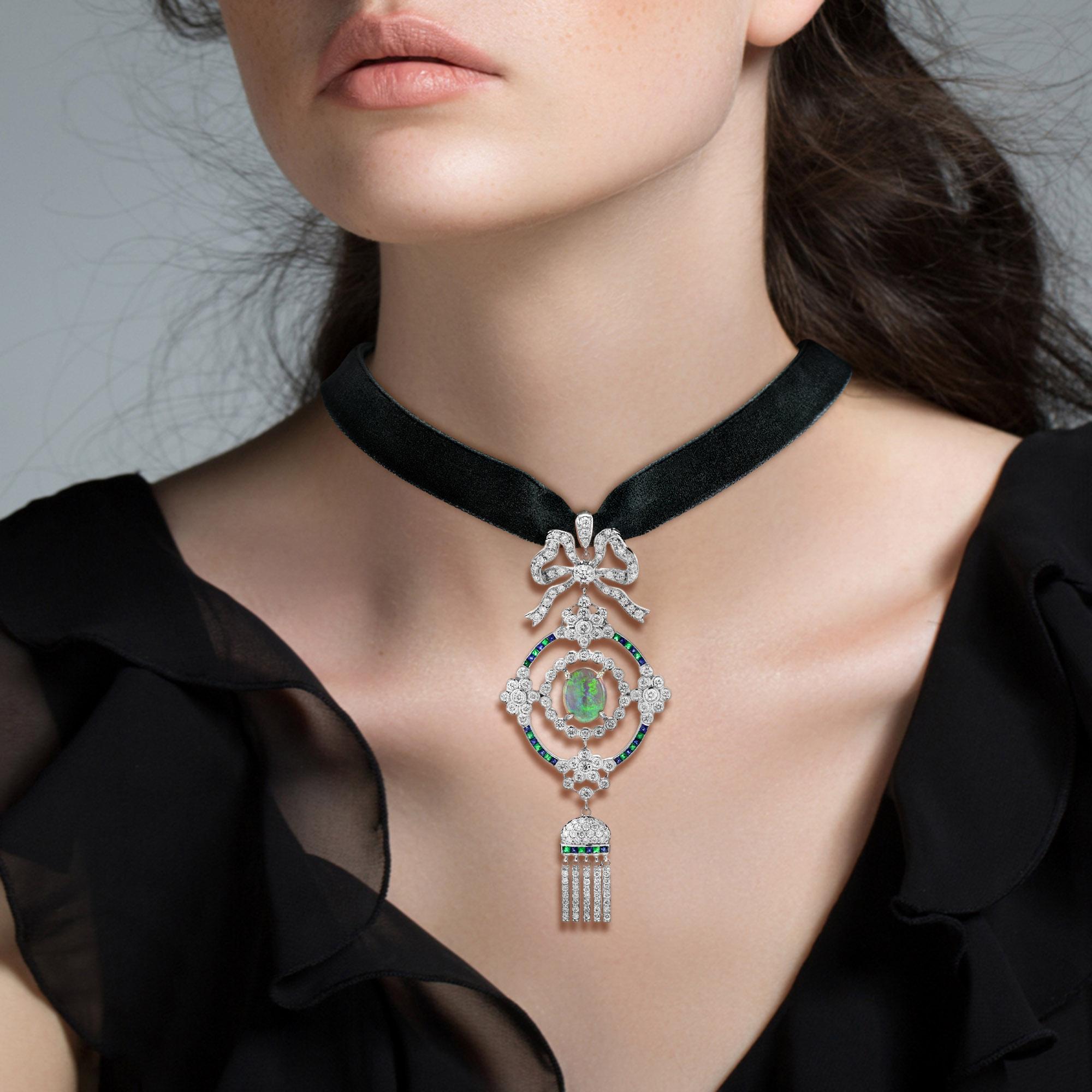 Women's Black Opal Emerald Sapphire Diamond Antique Style Choker Necklace in 18K Gold For Sale