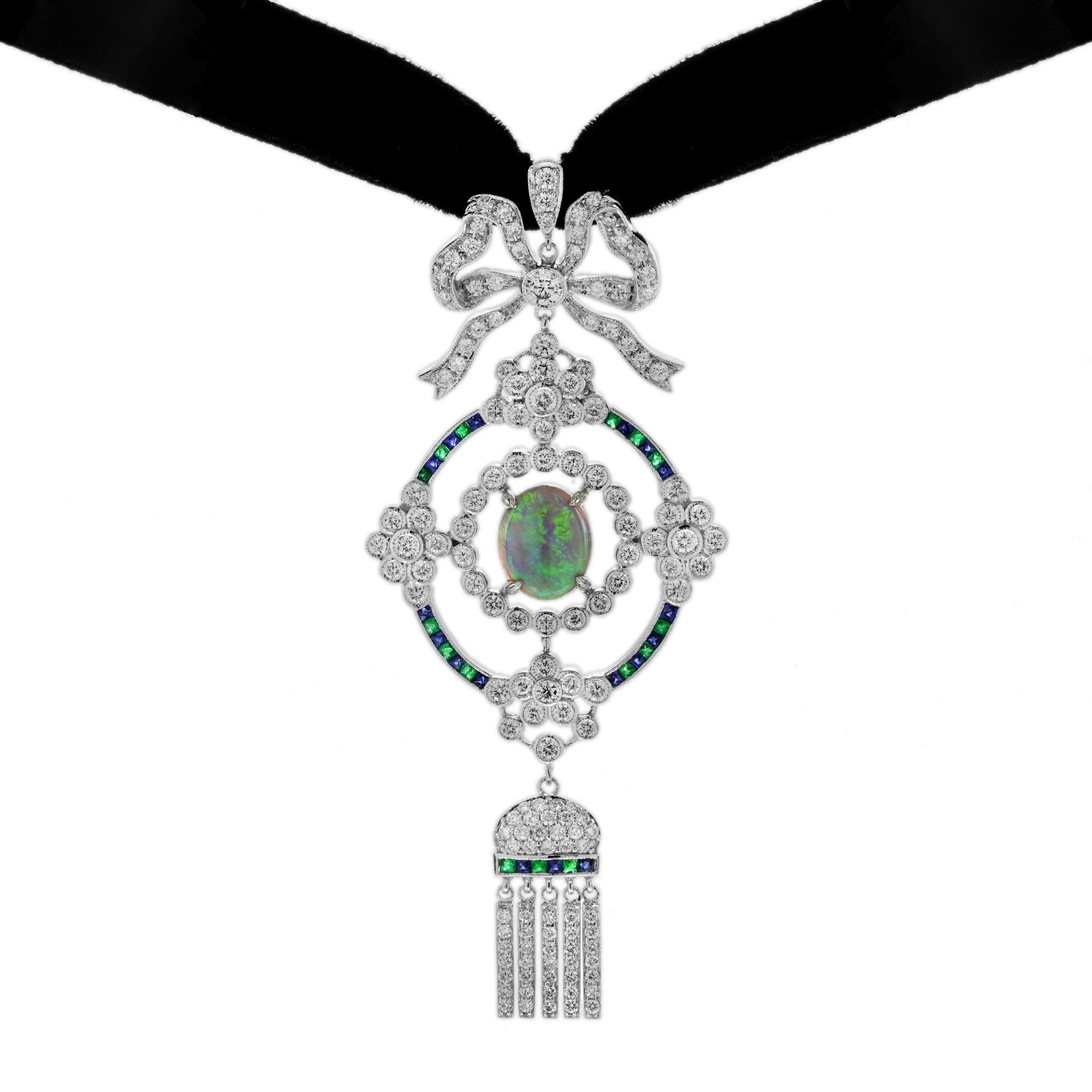 Black Opal Emerald Sapphire Diamond Antique Style Choker Necklace in 18K Gold For Sale