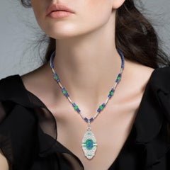 Black Opal Emerald Sapphire Diamond Art Deco Style Necklace in 18K White Gold