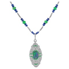 Black Opal Emerald Sapphire Diamond Art Deco Style Necklace in 18K White Gold