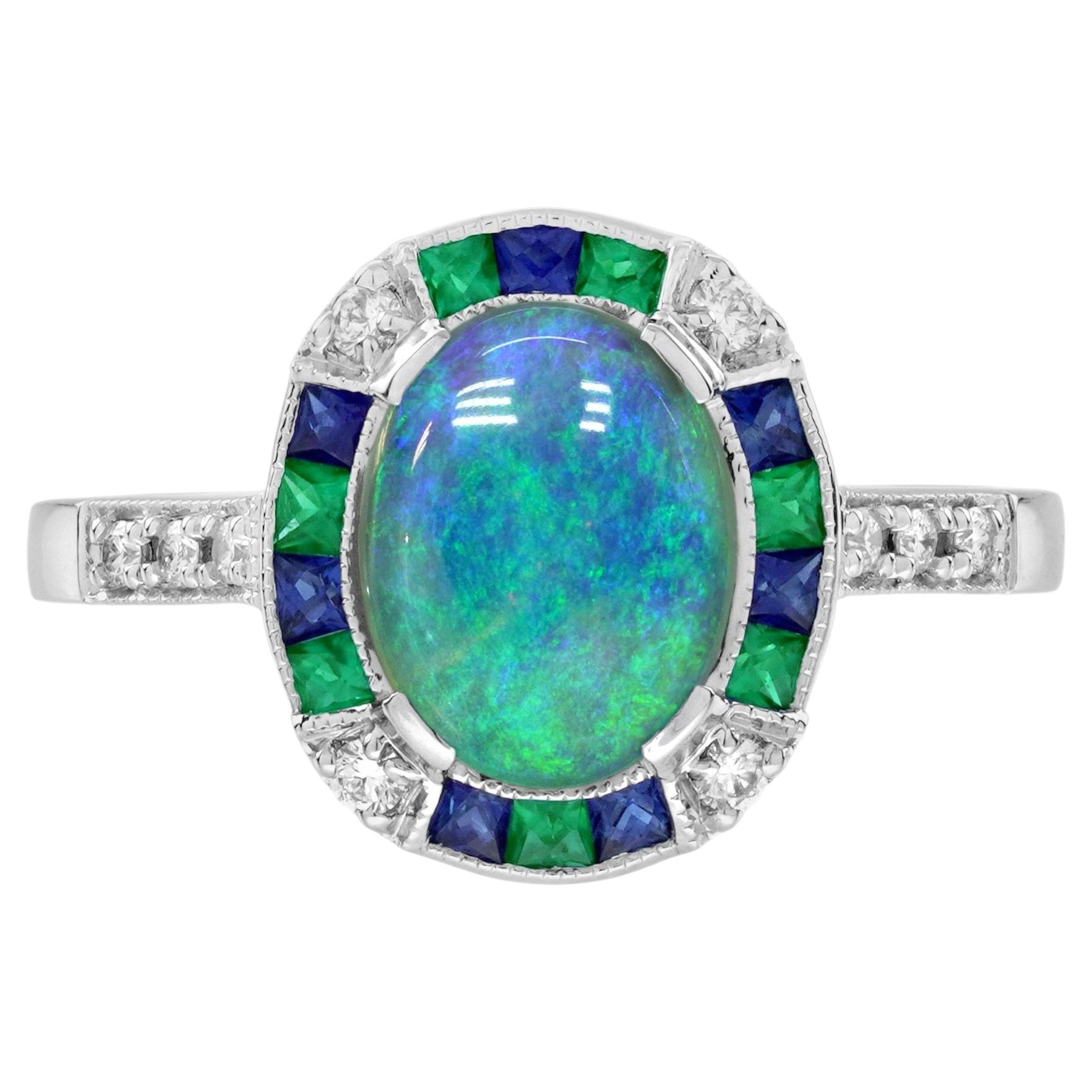 Black Opal Ring with Emerald Sapphire and Diamond 14K White Gold