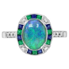 Black Opal Emerald Sapphire Diamond Art Deco Style Target Engagement Ring in 14K