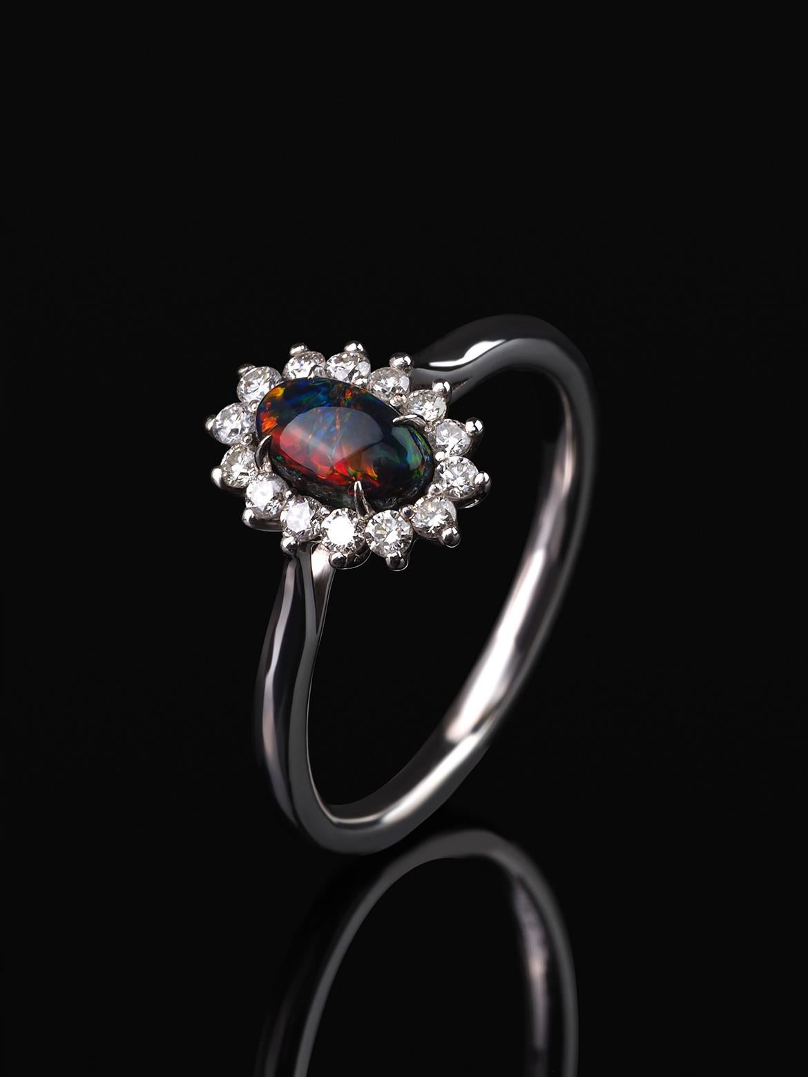 Women's or Men's Black Opal Gold Diamond Ring Australian Gemstone Engagement Ring For Sale