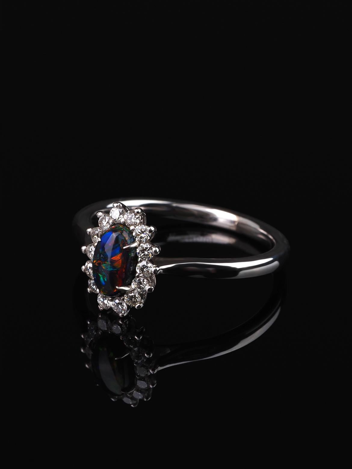 Art Deco Black Opal Gold Diamond Ring Australian Gemstone Engagement Ring For Sale
