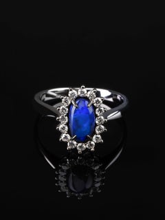 Schwarzer Opal Gold Diamant Ring Stil Natürlicher Elektrischer Blauer Edelstein