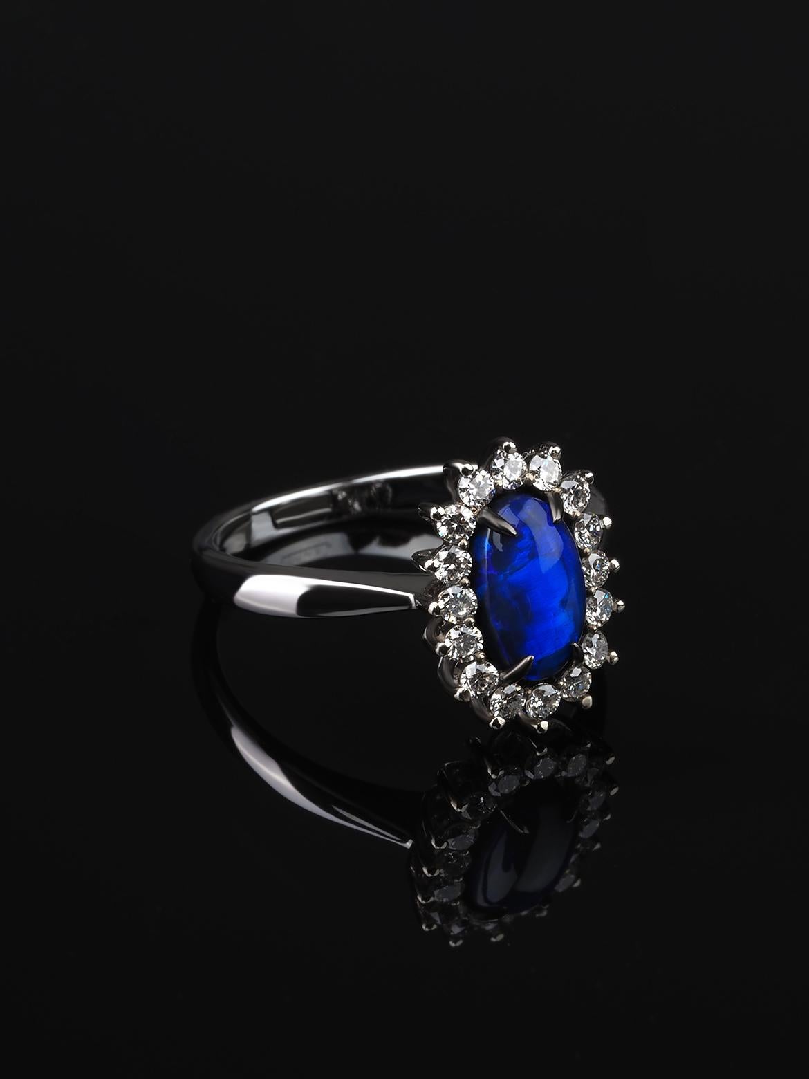 Art Deco Black Opal Gold Diamond Ring Style Natural Electric Blue Gem For Sale