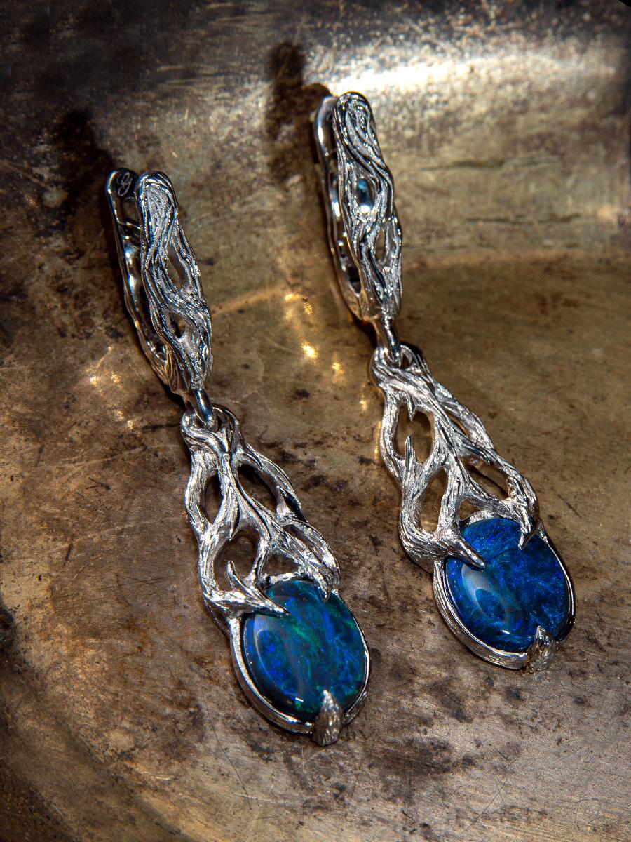 Black Opal earrings white gold Bright Neon Blue Cabochons Magic Tree 2