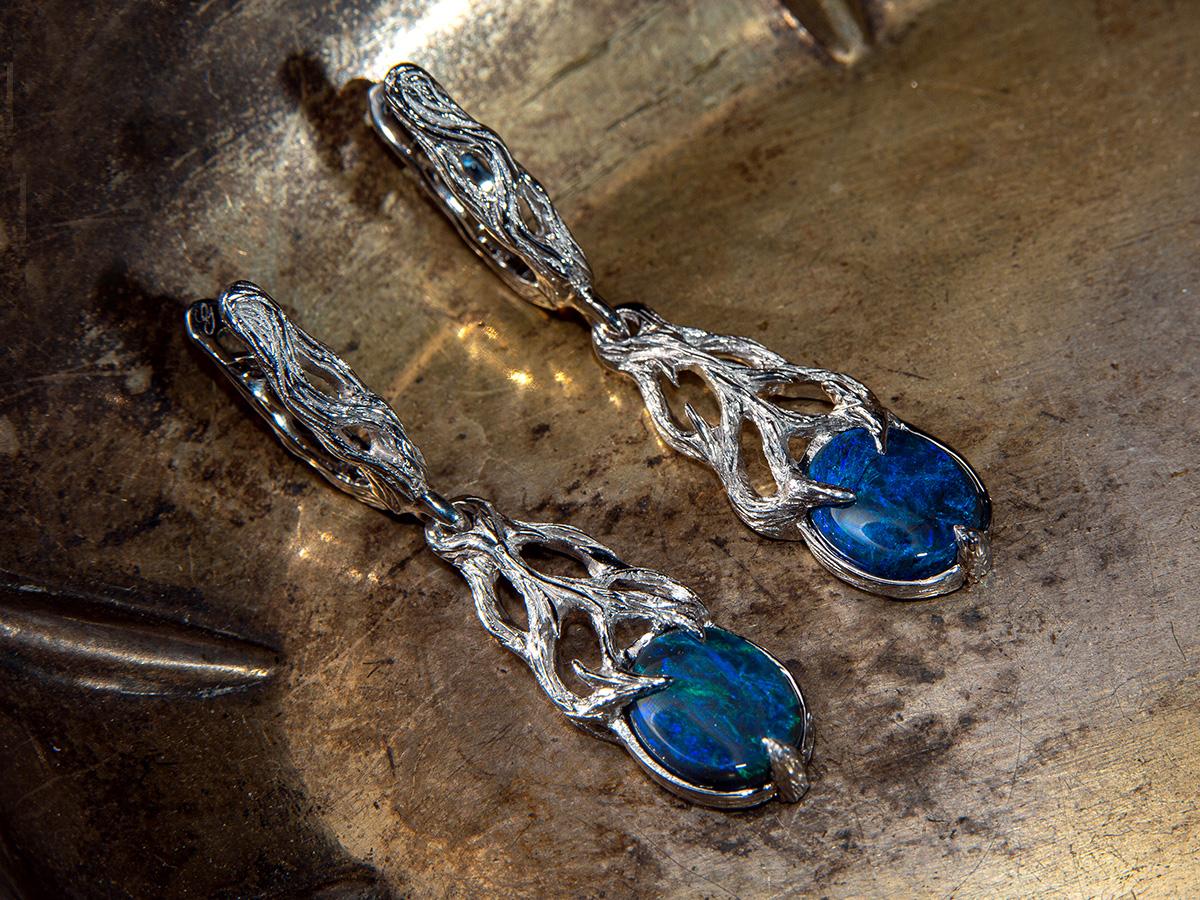 Black Opal earrings white gold Bright Neon Blue Cabochons Magic Tree 3