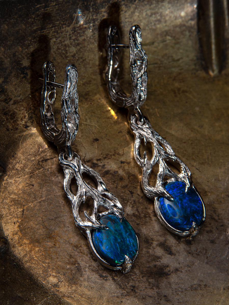 Black Opal earrings white gold Bright Neon Blue Cabochons Magic Tree 5