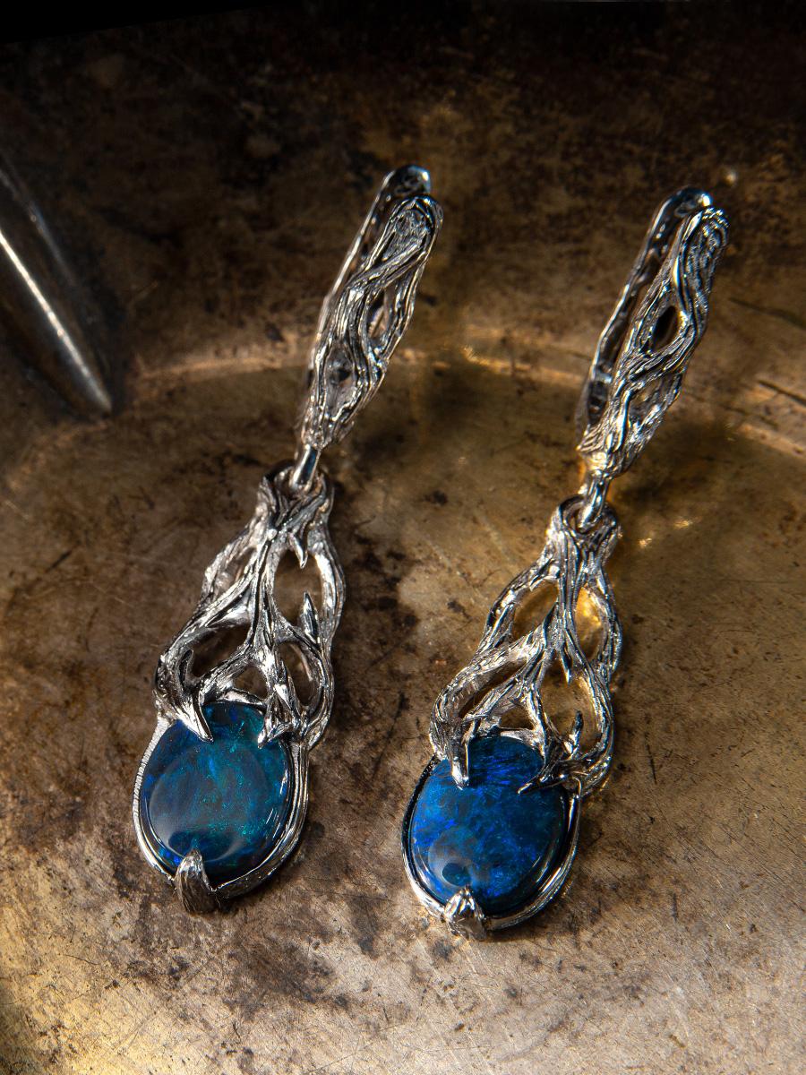 Black Opal earrings white gold Bright Neon Blue Cabochons Magic Tree 7