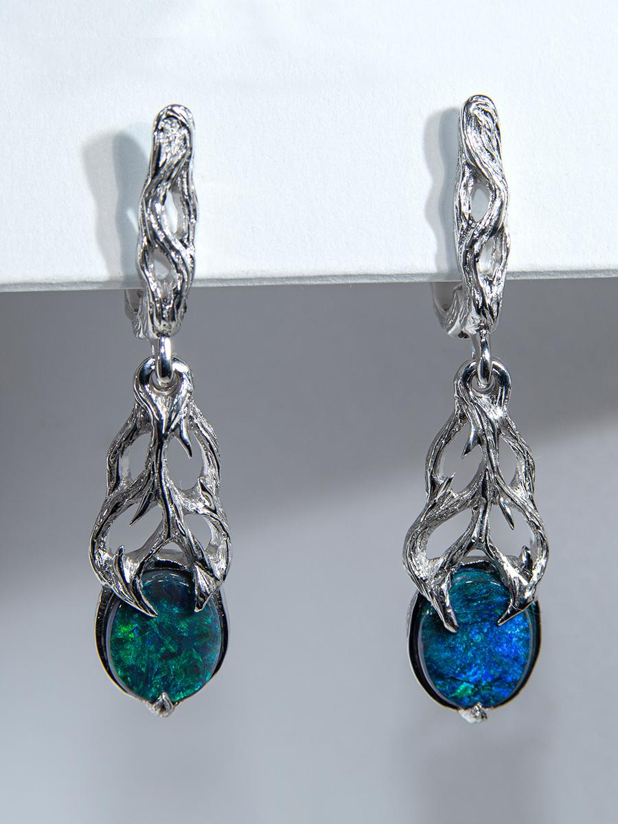 Black Opal earrings white gold Bright Neon Blue Cabochons Magic Tree 9