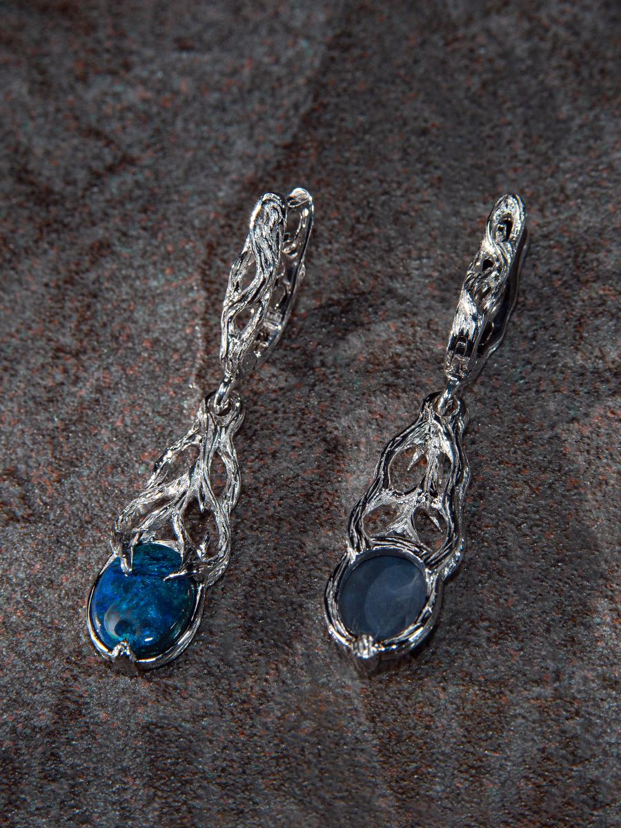 Art Nouveau Black Opal earrings white gold Bright Neon Blue Cabochons Magic Tree