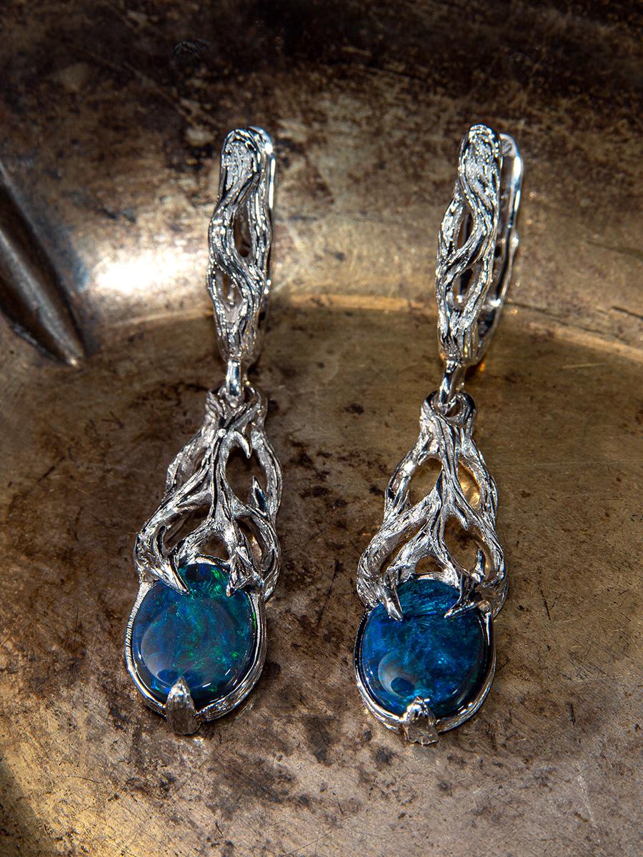 Women's or Men's Black Opal earrings white gold Bright Neon Blue Cabochons Magic Tree
