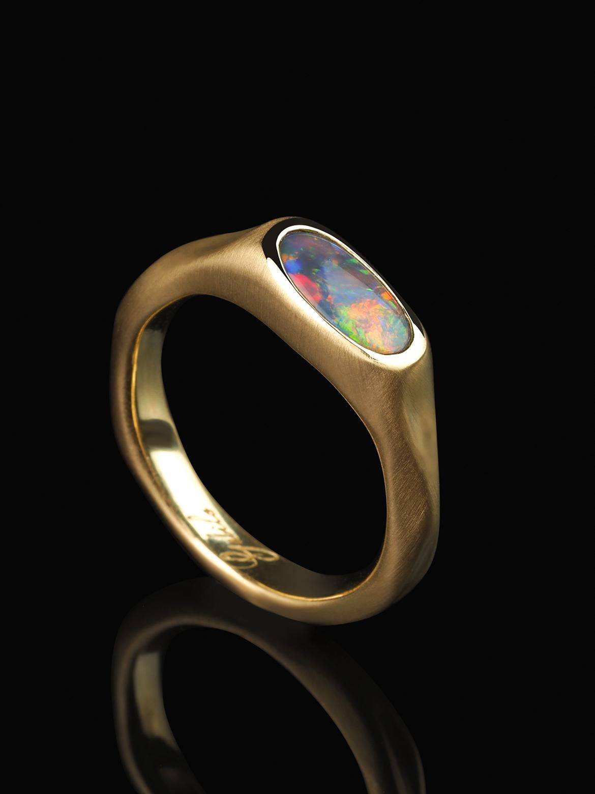 Oval Cut Black Opal Gold Ring 18K Australian genuine opal precious wedding anniversary For Sale