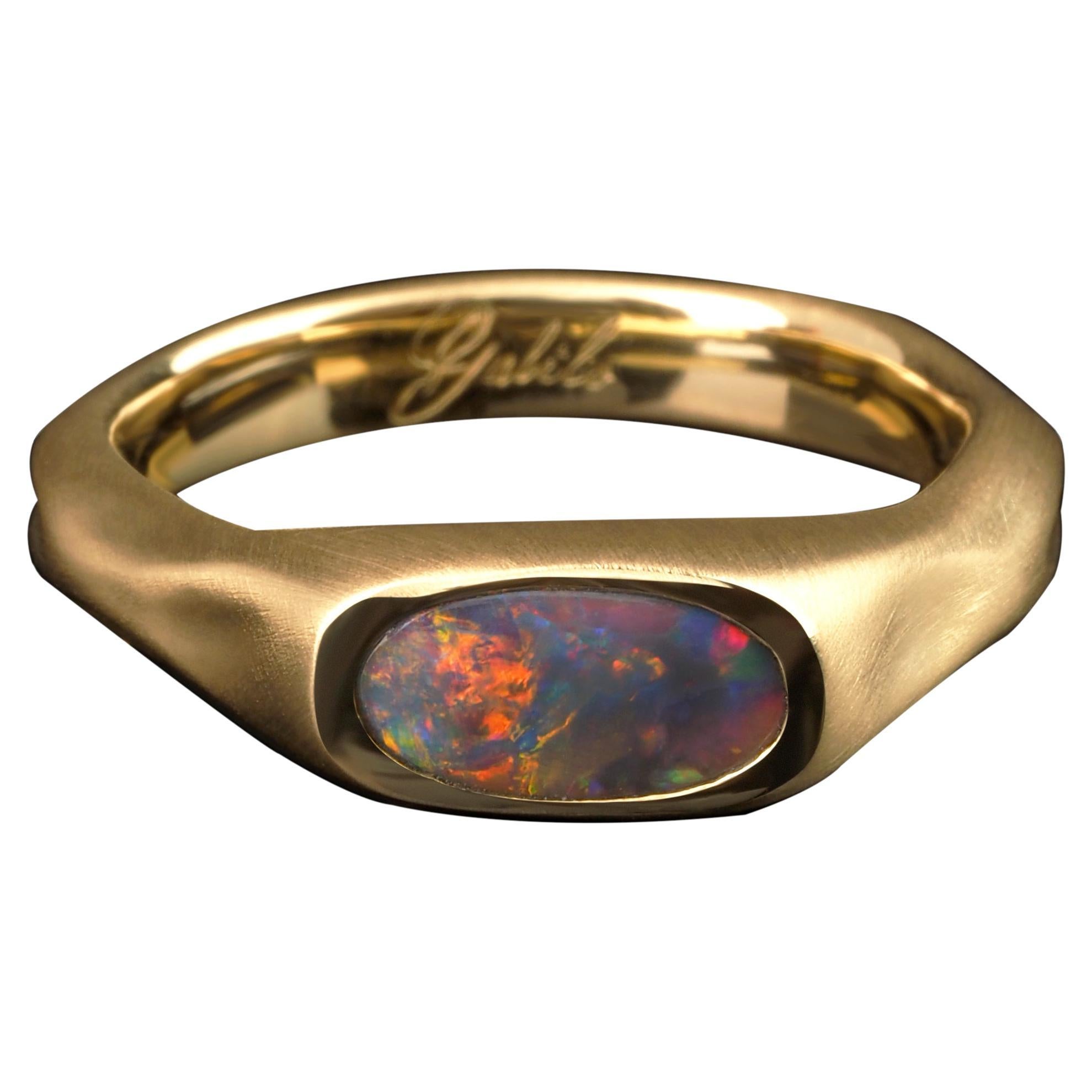 Black Opal Gold Ring 18K Australian genuine opal precious wedding anniversary For Sale