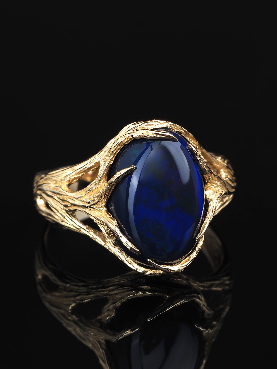 Art Nouveau Black Opal Gold Ring Neon Blue Australian Engagement ring For Sale