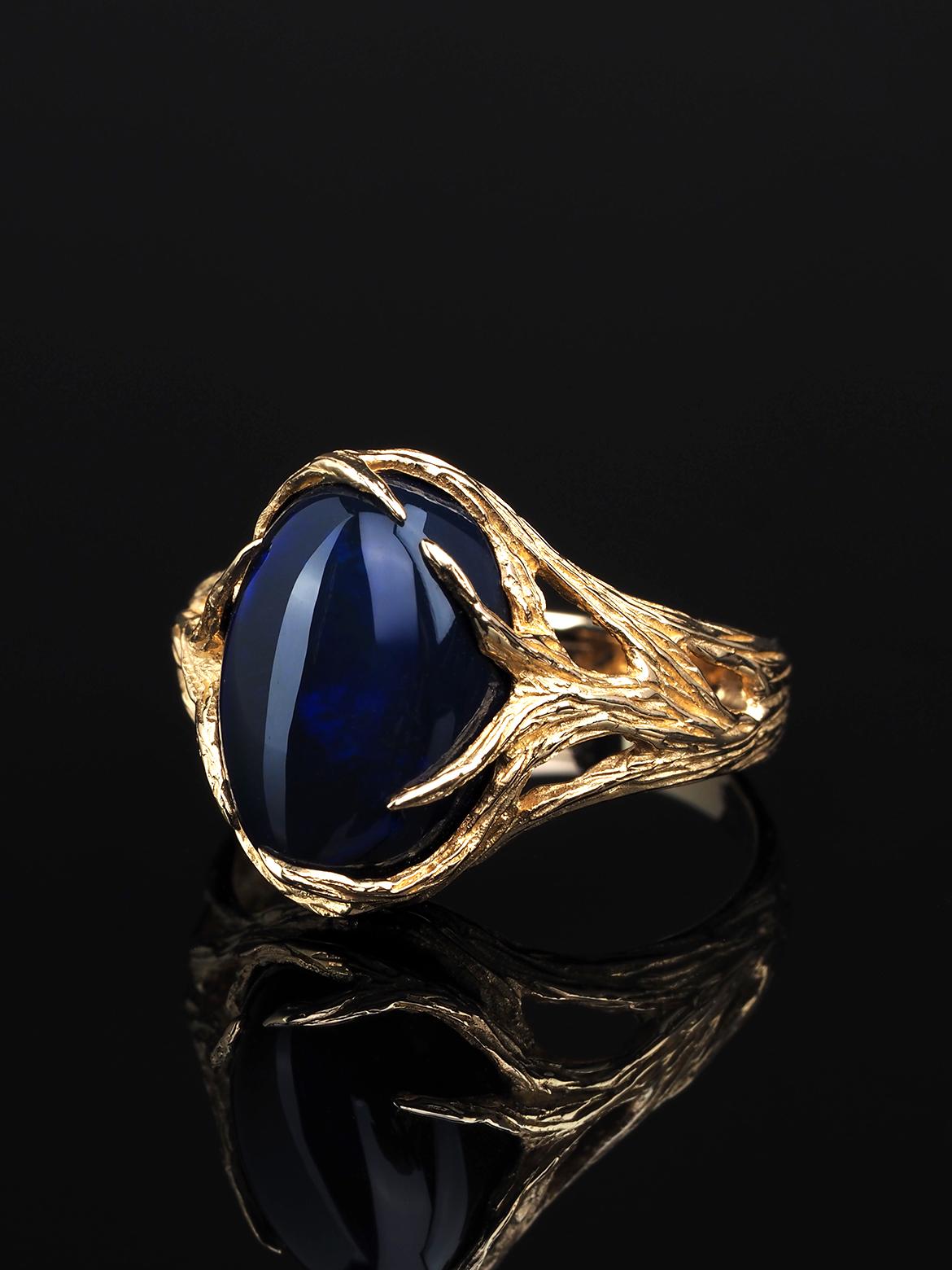 Women's or Men's Black Opal Gold Ring Neon Blue Australian Engagement ring For Sale