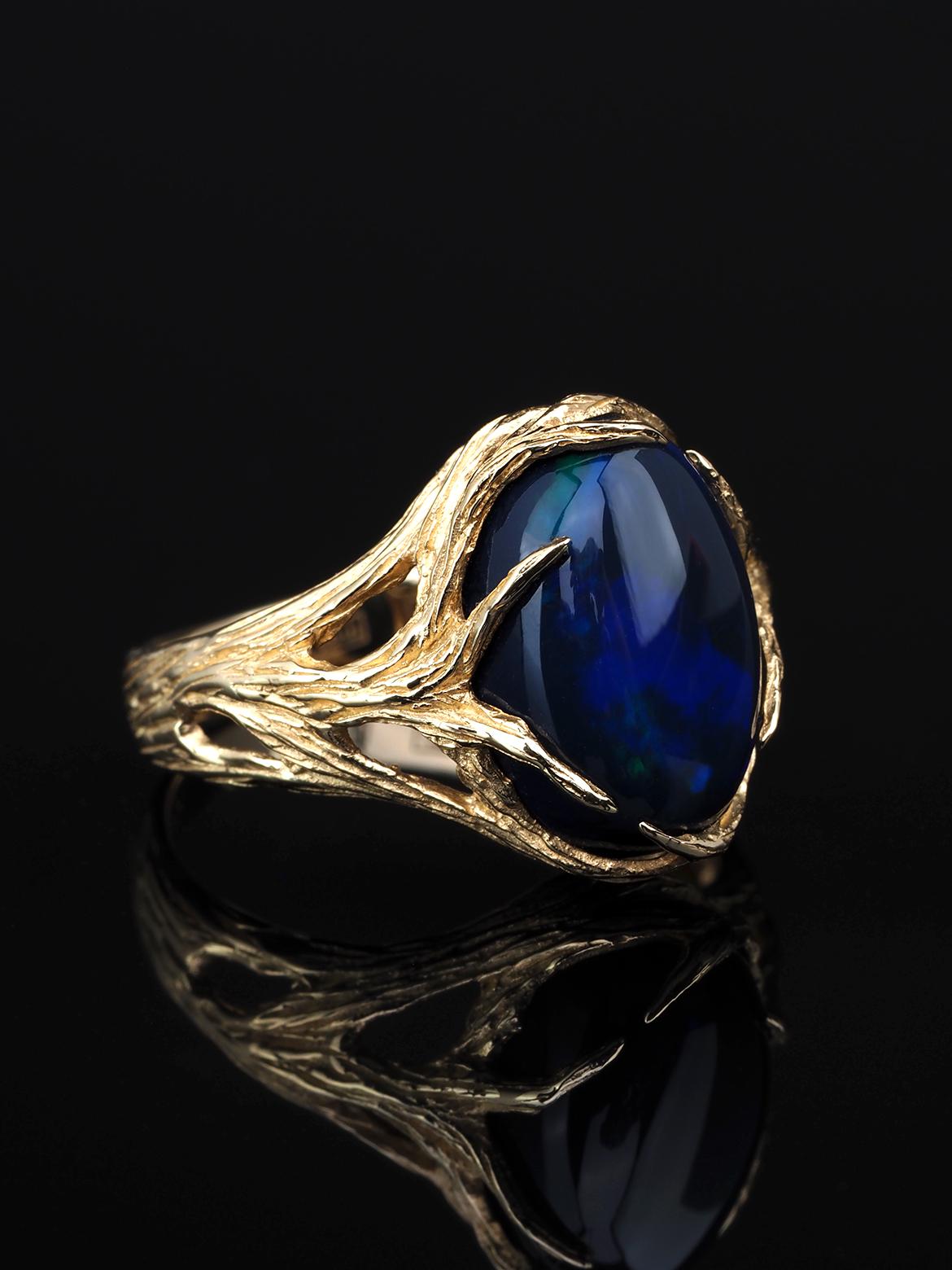 Oval Cut Black Opal Gold Ring Neon Blue Australian Engagement ring For Sale