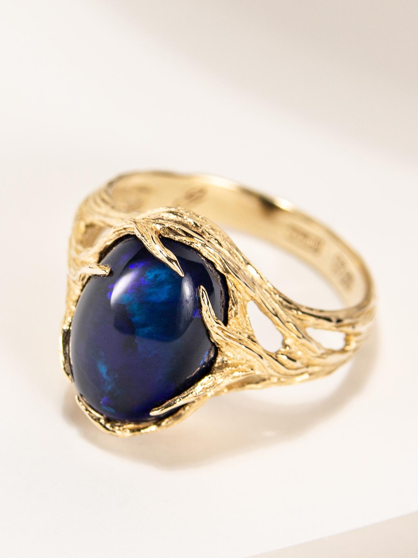 Art Nouveau Black Opal Gold Ring Neon Blue Australian Engagement ring For Sale